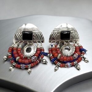 Signed Tabra 925 Sterling Silver Gemstone Statement Earrings –Onyx, Lapis, Coral